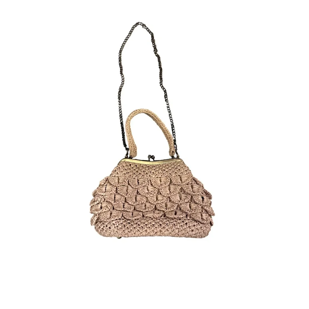 Patricia Nash Straw Frame Bag Women Tan‎ Crochet Tiered Kiss Lock Crossbody